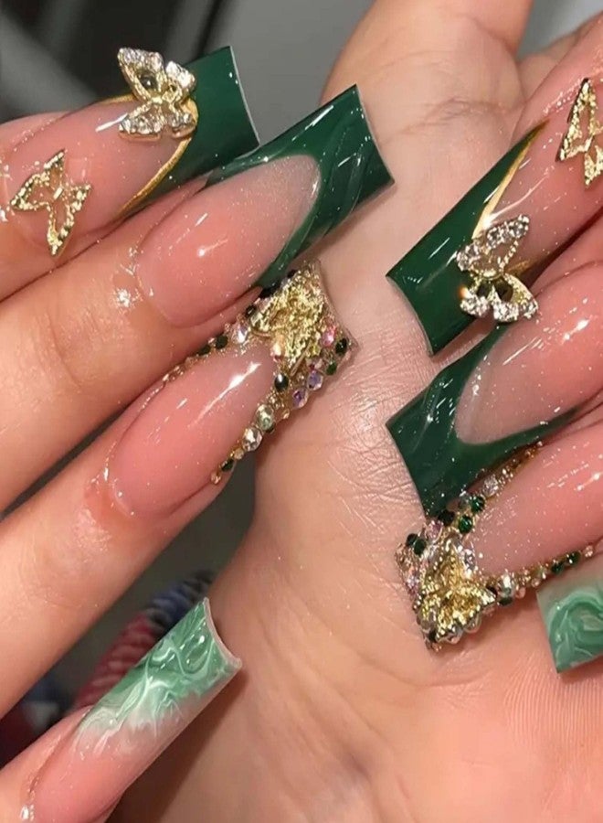 YoYoee Press on Nails -Luxury Long Fake Nails Coffin False Nails French Green Nails Butterfly Tips for Women and Girls 24Pcs - Image 1